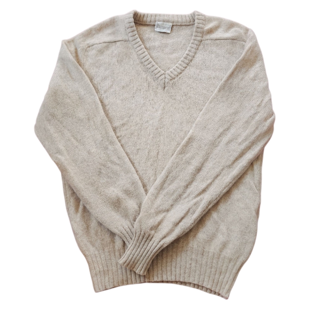 Italy Fauchon Sweater Mens L Beige Wool Blend V-Neck Knit Pullover  Retro Unisex